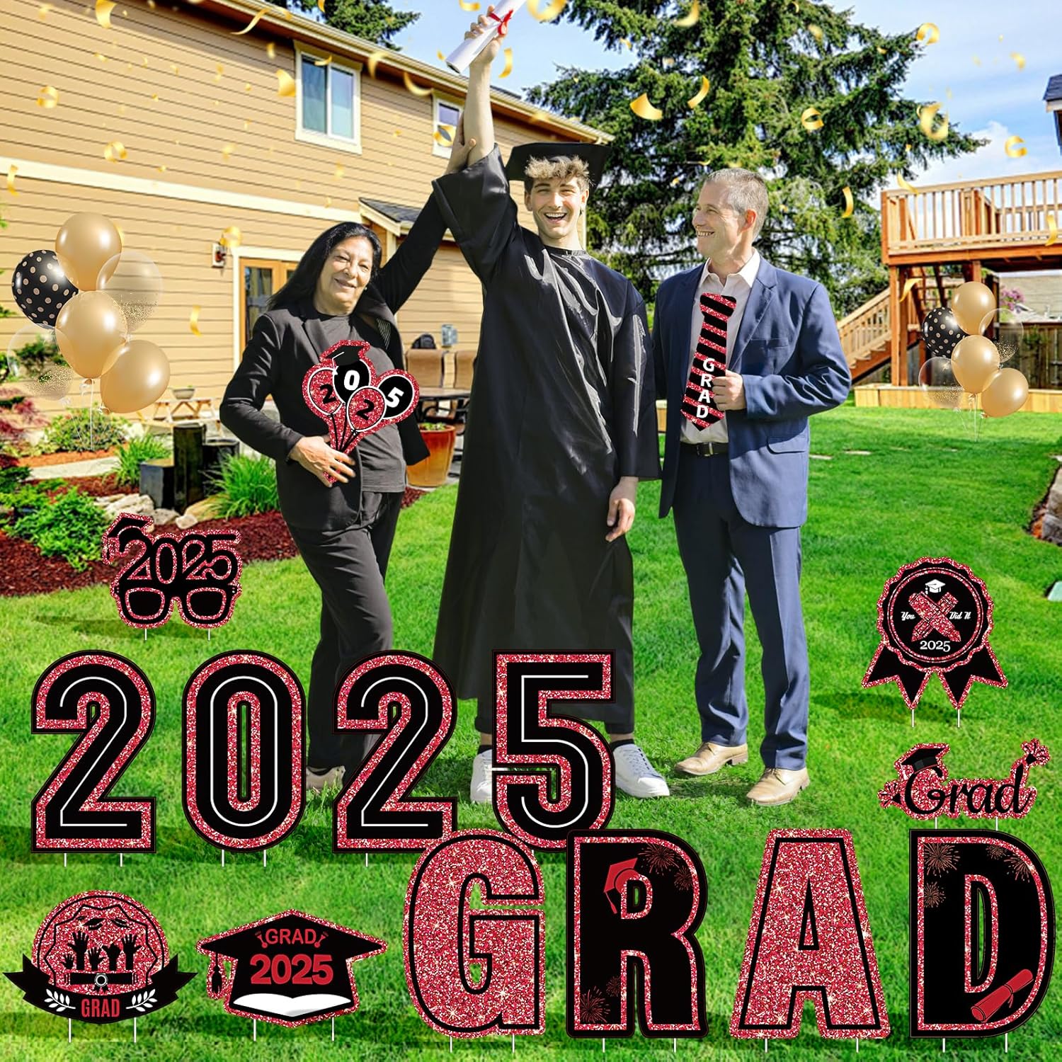 15 Pieces Graduation Decorations 2025 Outdoor Yard Sign, Class of 2025 Congrats Grad Yard Sign for Graduation Party Garden Lawn Decoration Supplies(Black Gold)